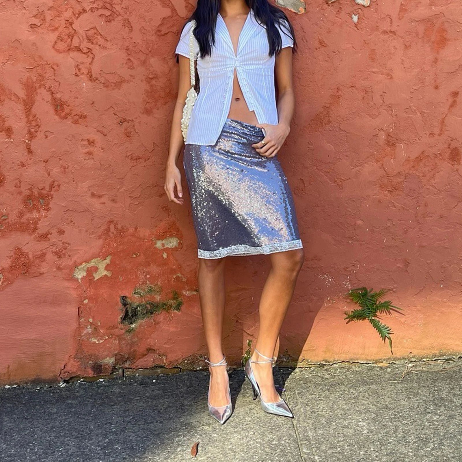 Sequin Mermaid Midi Skirt – Low Waist Bodycon Party Skirt