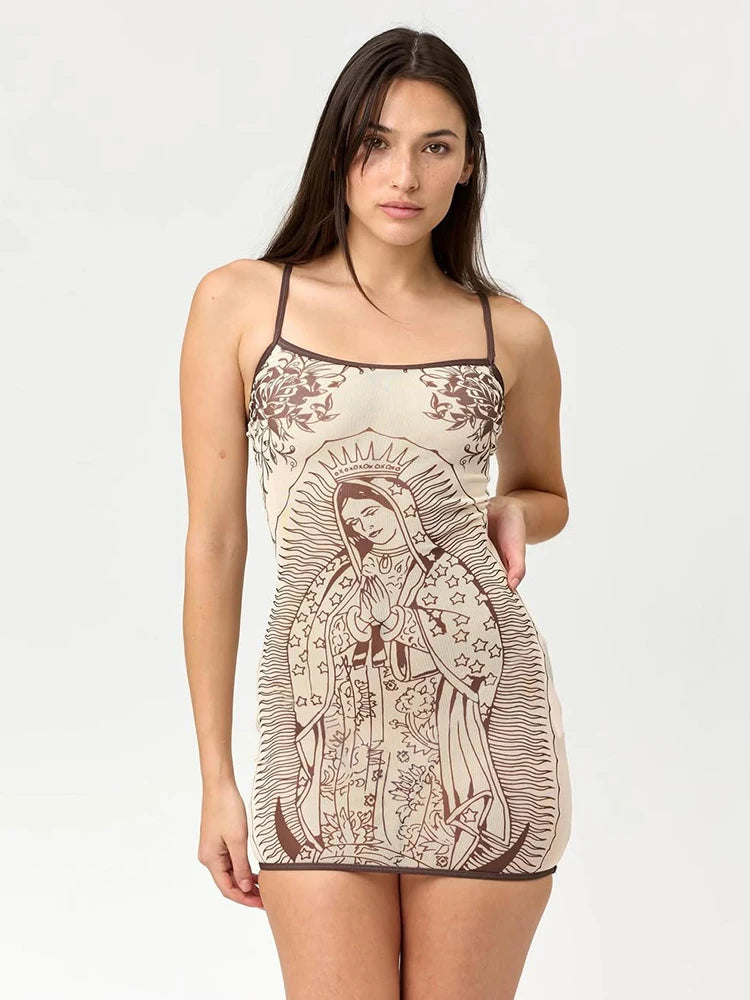 Vintage Art Print Mesh Mini Dress – Sheer Cami Bodycon Summer Dress with High Stretch Fit